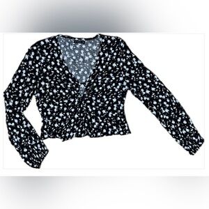 Cotton On Floral Black White Drawstring Keyhole Top